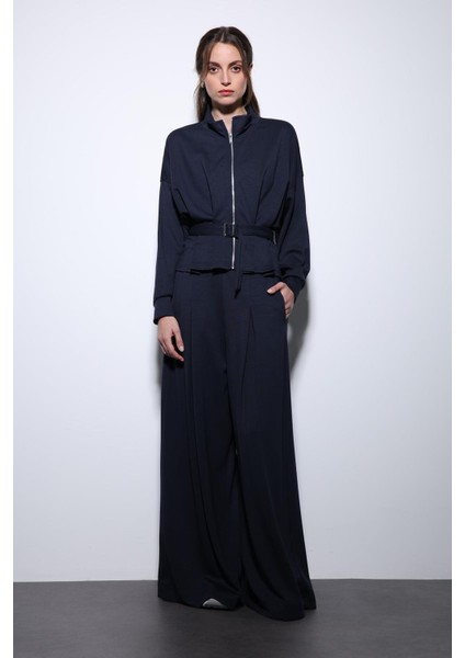 Lacivert Bel Kemerli Geniş Paça Pantolonlu Takım fiyatları