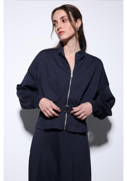 Lacivert Bel Kemerli Geniş Paça Pantolonlu Takım indirimleri