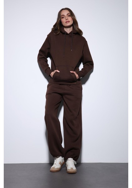 Kahve Kapüşonlu Basic Kadın Sweatshirt
