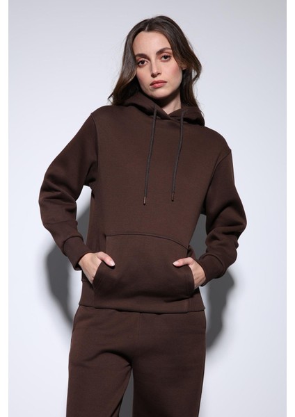 Kahve Kapüşonlu Basic Kadın Sweatshirt modelleri