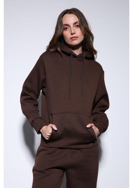 Kahve Kapüşonlu Basic Kadın Sweatshirt fırsatları