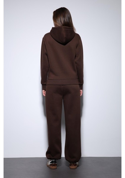 Kahve Kapüşonlu Basic Kadın Sweatshirt