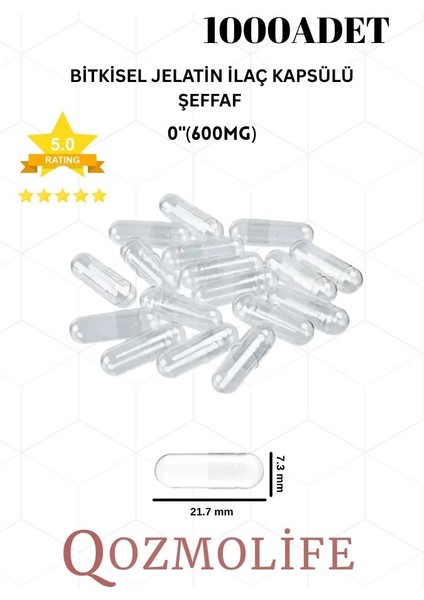 orta boy şeffaf bitkisel jelatin boş kapsülü helal sertifikalı 0"600mg (1000 adet)