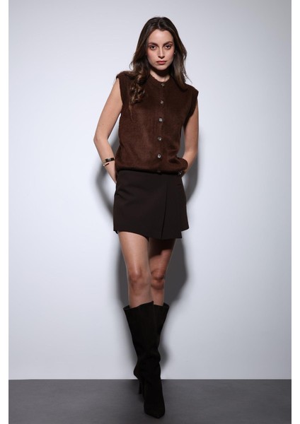 Kahve Dokulu Kadın Triko Yelek