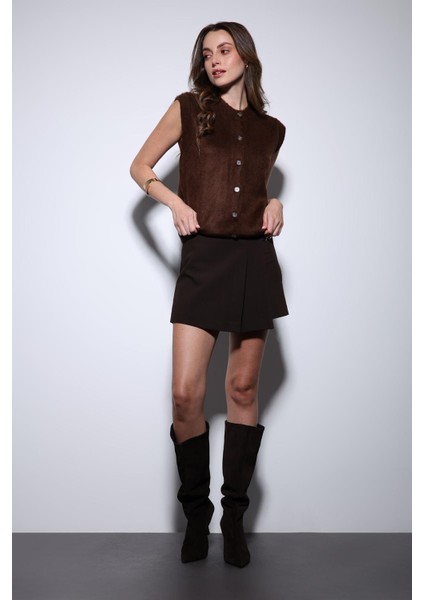 Kahve Dokulu Kadın Triko Yelek modelleri