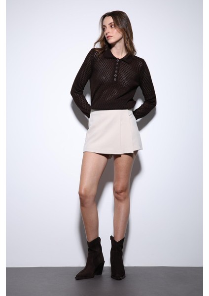 Kahve Polo Yaka Desenli Triko Kadın Kazak