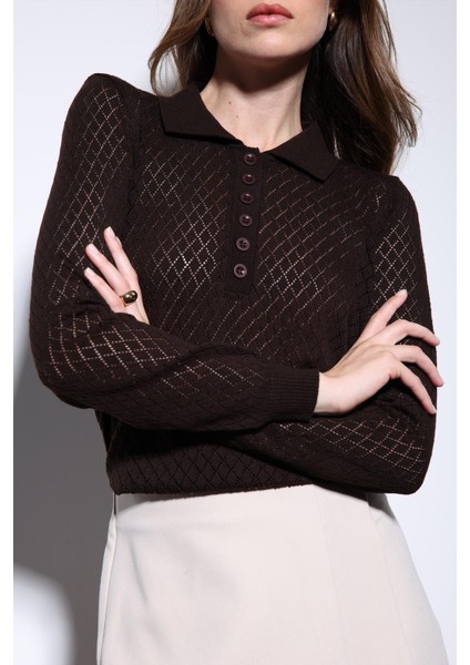 Kahve Polo Yaka Desenli Triko Kadın Kazak fiyatları