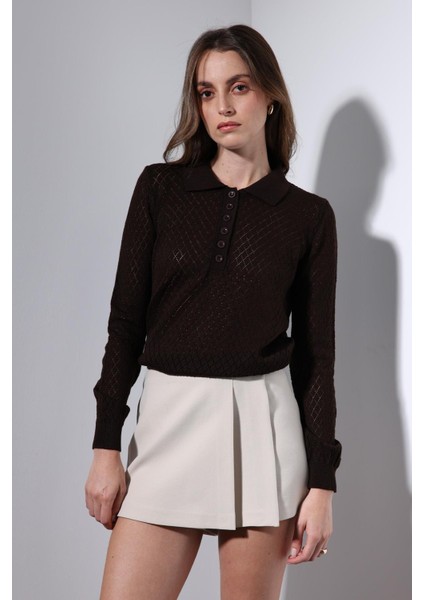 Kahve Polo Yaka Desenli Triko Kadın Kazak modelleri