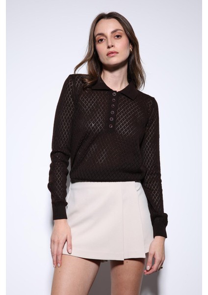 Kahve Polo Yaka Desenli Triko Kadın Kazak fırsatları