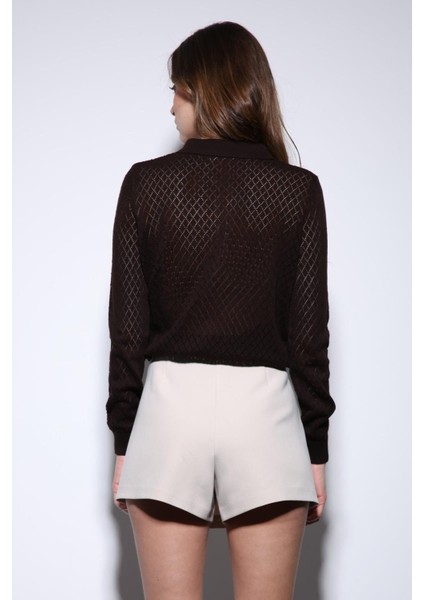 Kahve Polo Yaka Desenli Triko Kadın Kazak indirimleri