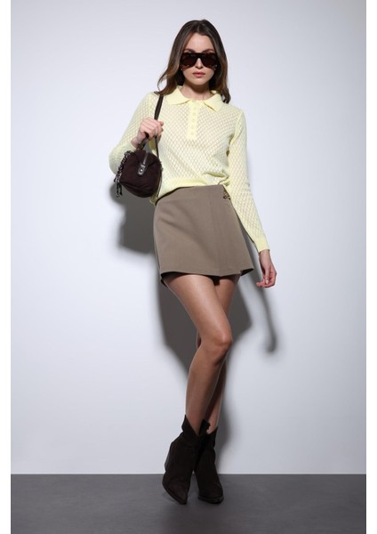 Sarı Polo Yaka Desenli Triko Kadın Kazak modelleri