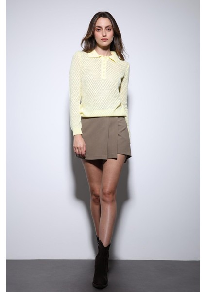 Sarı Polo Yaka Desenli Triko Kadın Kazak fırsatları