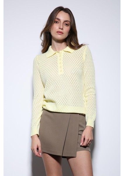 Sarı Polo Yaka Desenli Triko Kadın Kazak indirimleri