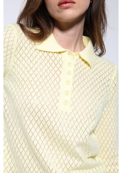 Sarı Polo Yaka Desenli Triko Kadın Kazak