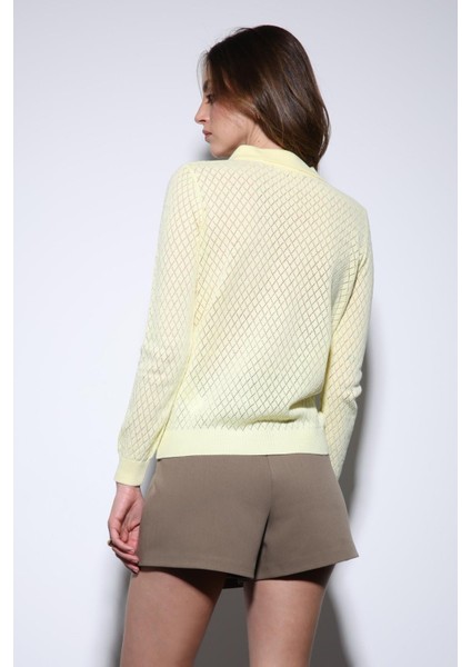 Sarı Polo Yaka Desenli Triko Kadın Kazak