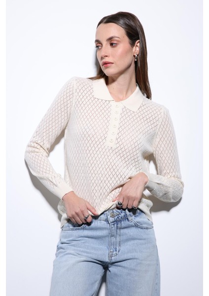 Ekru Polo Yaka Desenli Triko Kadın Kazak fiyatları