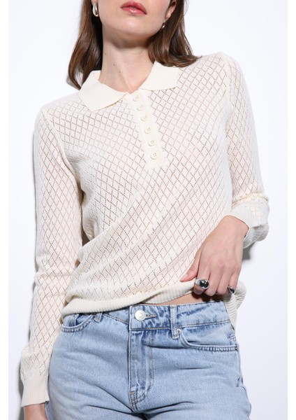 Ekru Polo Yaka Desenli Triko Kadın Kazak modelleri