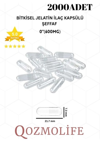orta boy şeffaf bitkisel jelatin boş kapsülü helal sertifikalı 0"600mg (2000 adet)