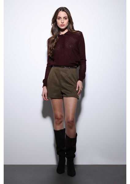 Bordo Polo Yaka Desenli Triko Kadın Kazak