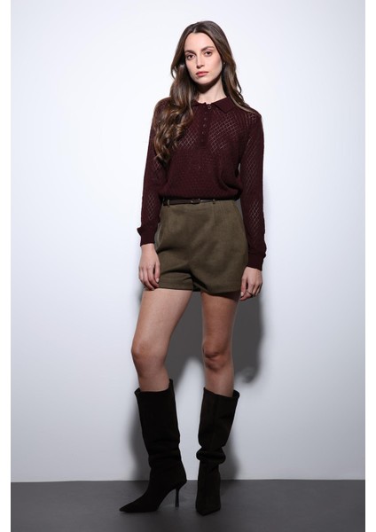 Bordo Polo Yaka Desenli Triko Kadın Kazak fiyatları