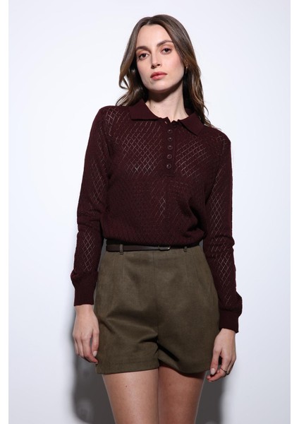 Bordo Polo Yaka Desenli Triko Kadın Kazak modelleri