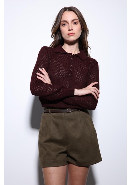 Bordo Polo Yaka Desenli Triko Kadın Kazak fırsatları