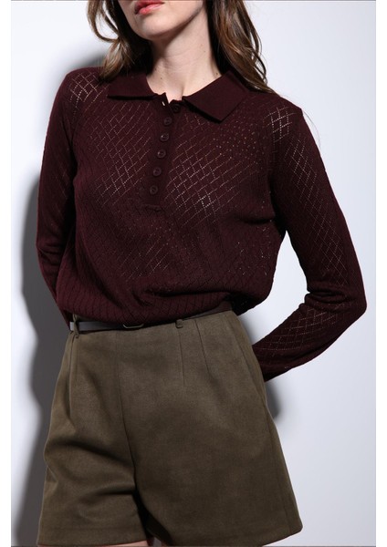 Bordo Polo Yaka Desenli Triko Kadın Kazak indirimleri