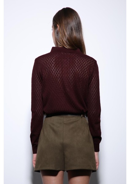 Bordo Polo Yaka Desenli Triko Kadın Kazak