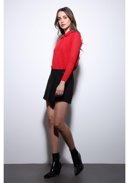 Kırmızı Polo Yaka Desenli Triko Kadın Kazak fiyatları