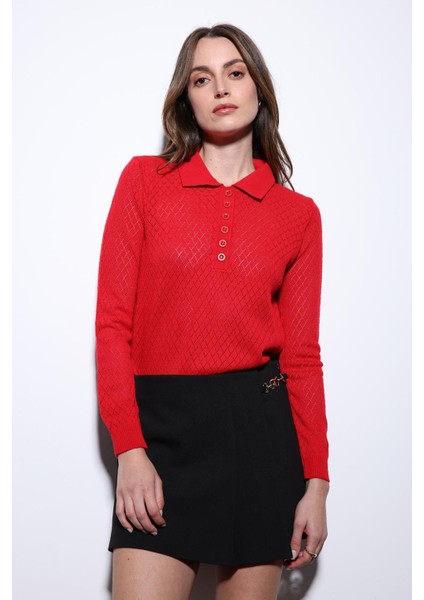 Kırmızı Polo Yaka Desenli Triko Kadın Kazak modelleri