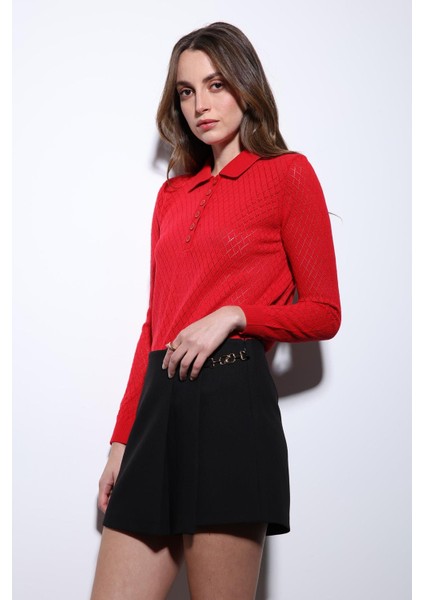 Kırmızı Polo Yaka Desenli Triko Kadın Kazak fırsatları