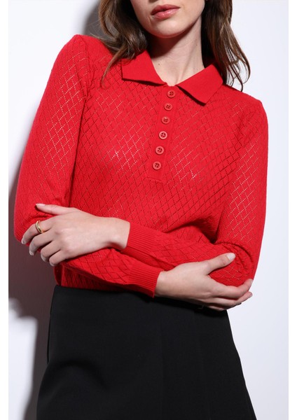 Kırmızı Polo Yaka Desenli Triko Kadın Kazak indirimleri