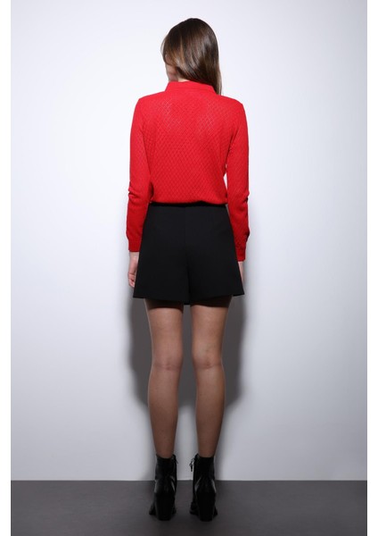 Kırmızı Polo Yaka Desenli Triko Kadın Kazak