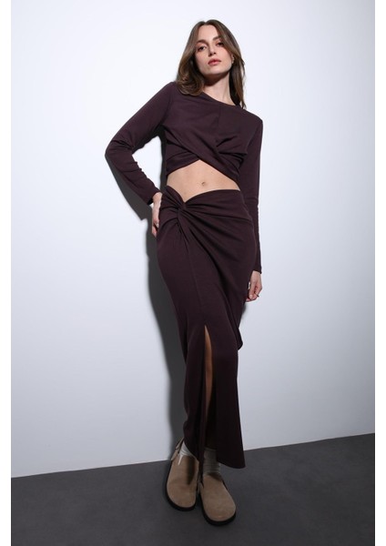 Mürdüm Yırtmaç Detaylı Kadın Etek Takım modelleri