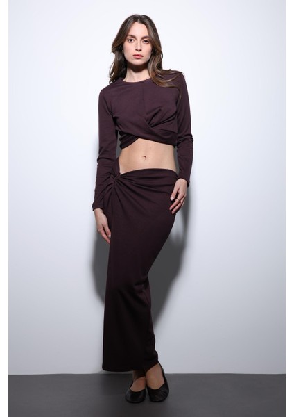 Mürdüm Yırtmaç Detaylı Kadın Etek Takım