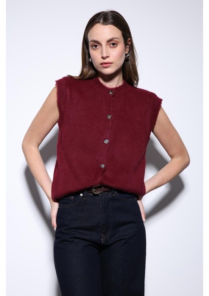 Bordo Dokulu Kadın Triko Yelek modelleri