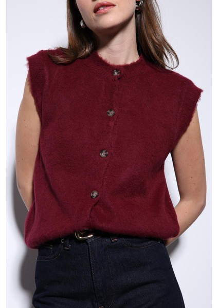Bordo Dokulu Kadın Triko Yelek