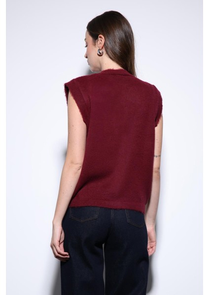 Bordo Dokulu Kadın Triko Yelek