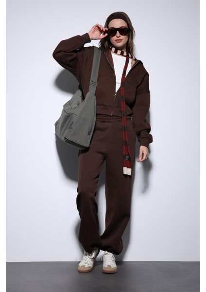 Kahve Fermuarlı Kapüşanlı Kadın Sweatshirt