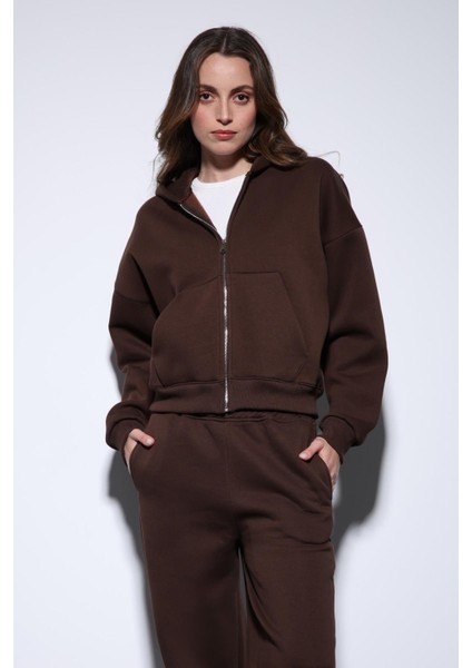 Kahve Fermuarlı Kapüşanlı Kadın Sweatshirt fiyatları