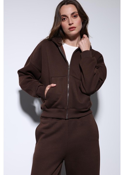 Kahve Fermuarlı Kapüşanlı Kadın Sweatshirt modelleri