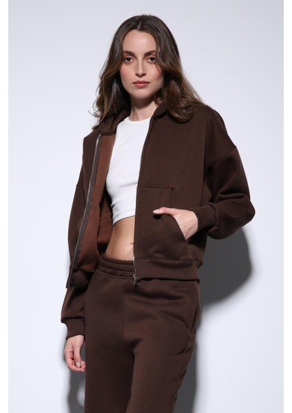 Kahve Fermuarlı Kapüşanlı Kadın Sweatshirt