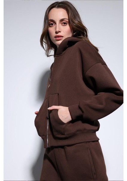 Kahve Fermuarlı Kapüşanlı Kadın Sweatshirt