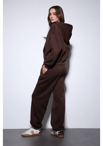 Kahve Fermuarlı Kapüşanlı Kadın Sweatshirt
