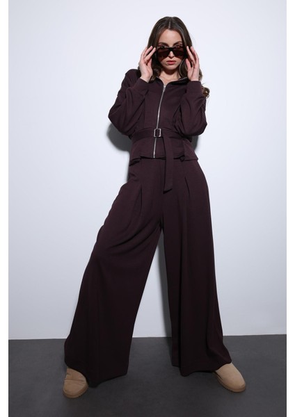 Mürdüm Bel Kemerli Geniş Paça Pantolonlu Takım