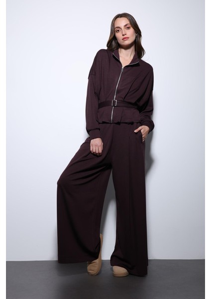 Mürdüm Bel Kemerli Geniş Paça Pantolonlu Takım fiyatları