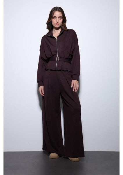 Mürdüm Bel Kemerli Geniş Paça Pantolonlu Takım modelleri