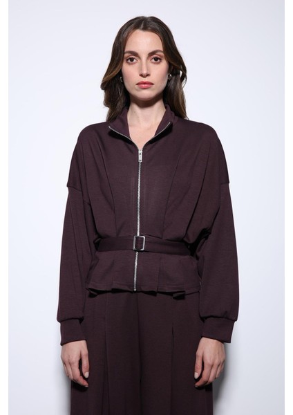 Mürdüm Bel Kemerli Geniş Paça Pantolonlu Takım fırsatları