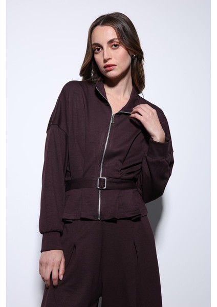 Mürdüm Bel Kemerli Geniş Paça Pantolonlu Takım indirimleri