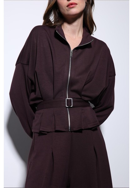 Mürdüm Bel Kemerli Geniş Paça Pantolonlu Takım